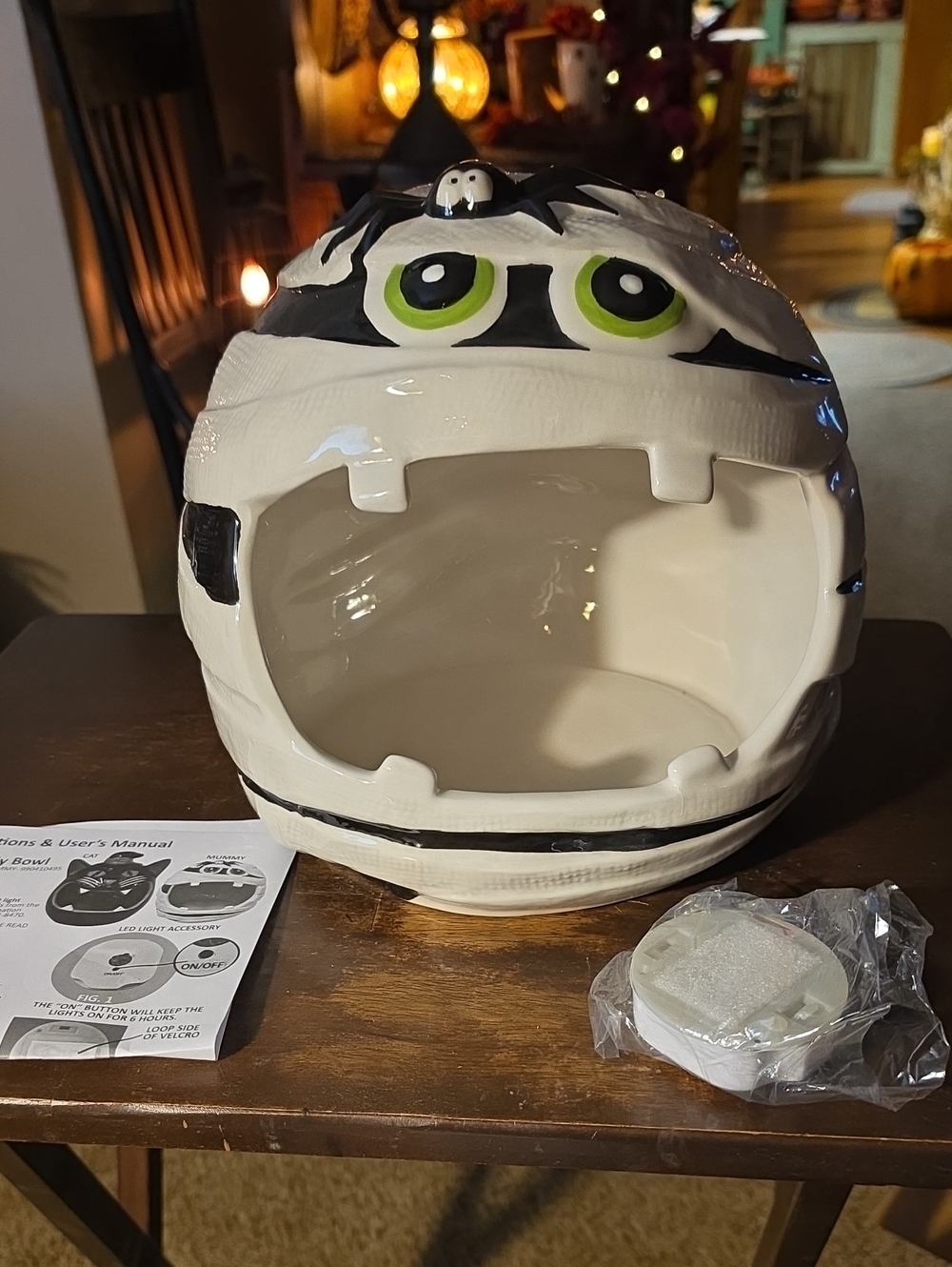 White Lighted Ceramic Mummy Helmet Candy Dish - Halloween Decor